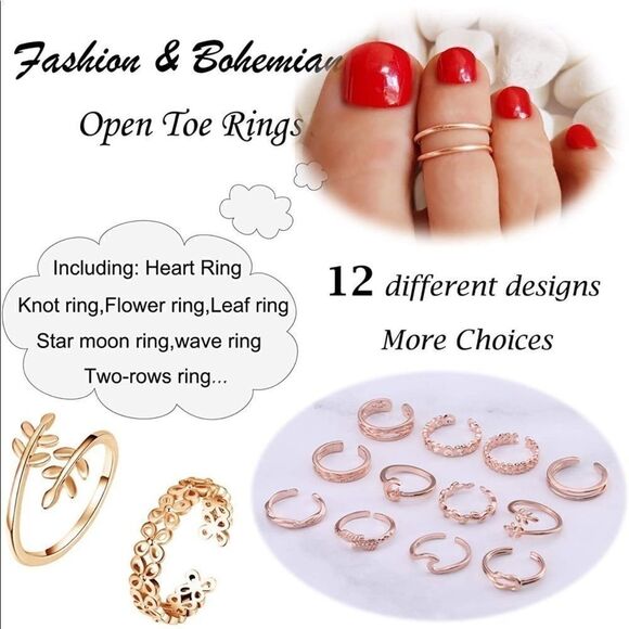 Rose Gold Adjustable Open Toe Rings - Set of 12 - Picture 4 of 7